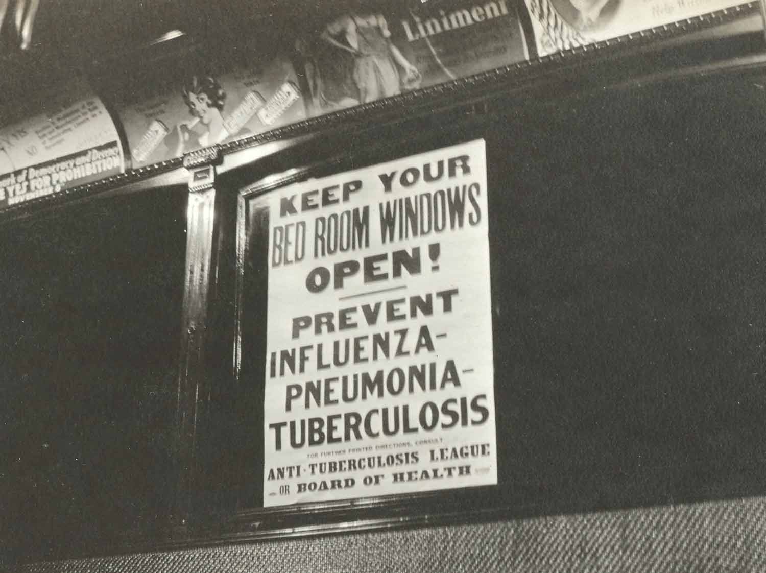 Sign from 1918 that reads Keep your bedroom windows open! Prevent influenza-pneumonia-tu