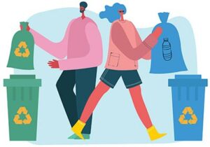 Illustration of a man and woman putting recycling bags into recycling bins.