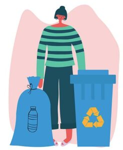 Illustration of a woman with a recycling bag and recycling bin
