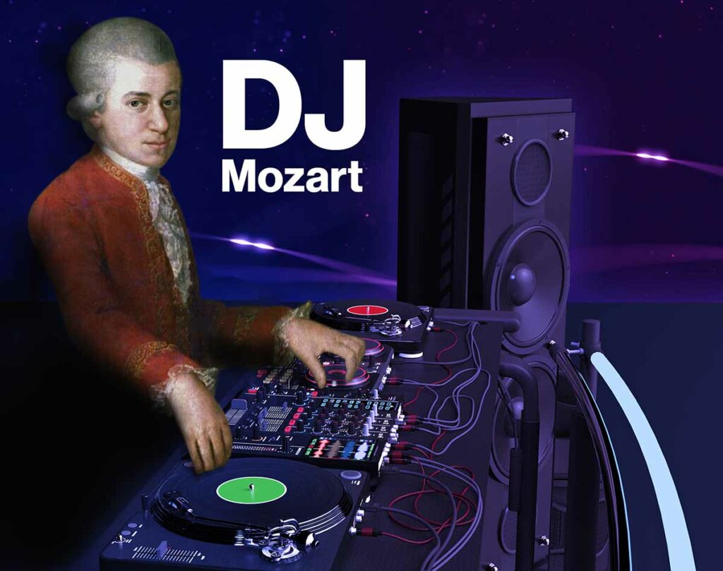 Mozart at a turntable acting as a DJ
