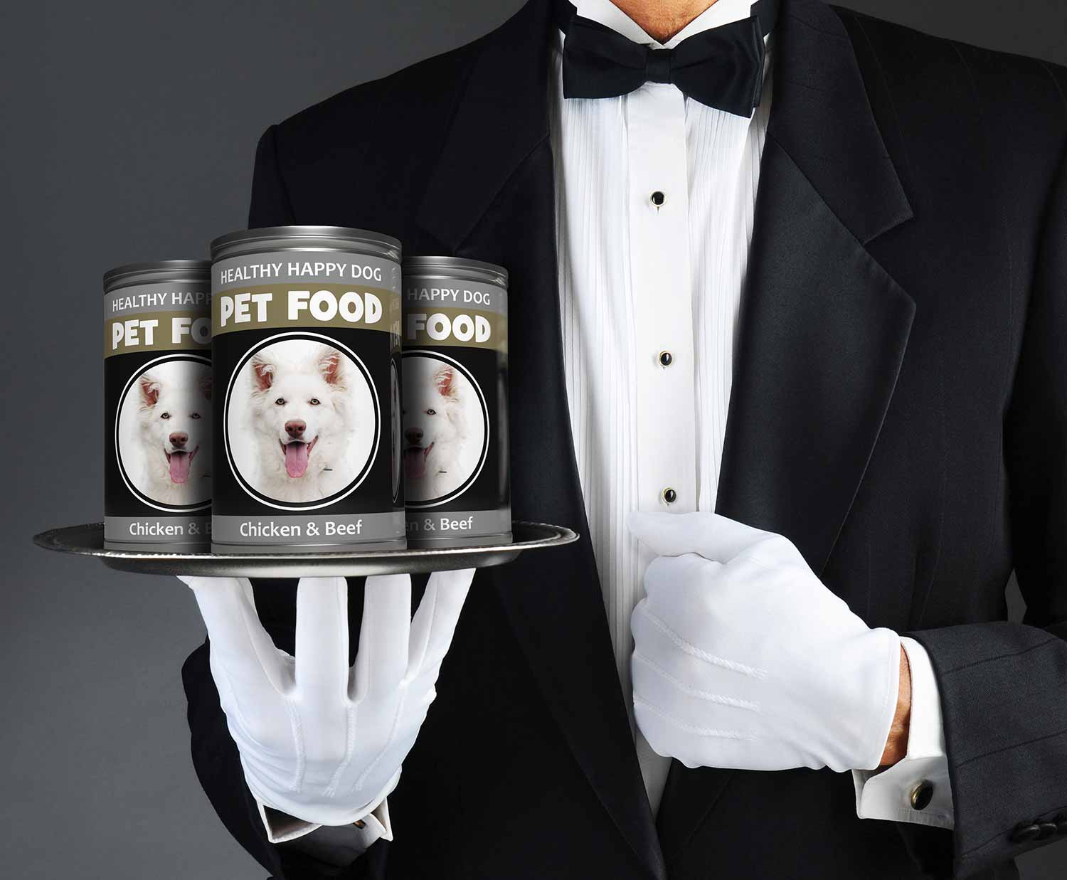 Waiter wearing white gloves and holding a silver tray with three cans of dog food on it