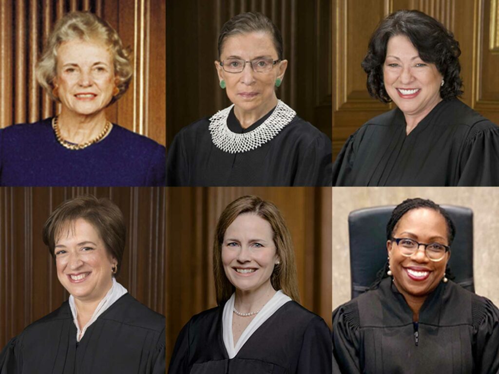 Grid showing all six women who have or will serve on the Supreme Court including Sandra Day O’Connor, Ruth Bader Ginsburg, Sonia Sotomayor, Elena Kagan, Amy Coney Barrett, and Ketanji Brown Jackson