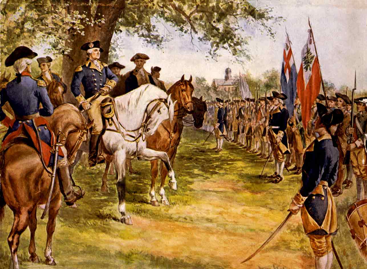 George Washington and other officers on horseback before standing troops