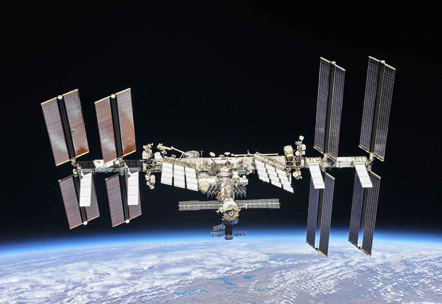 The International Space Station orbits Earth.