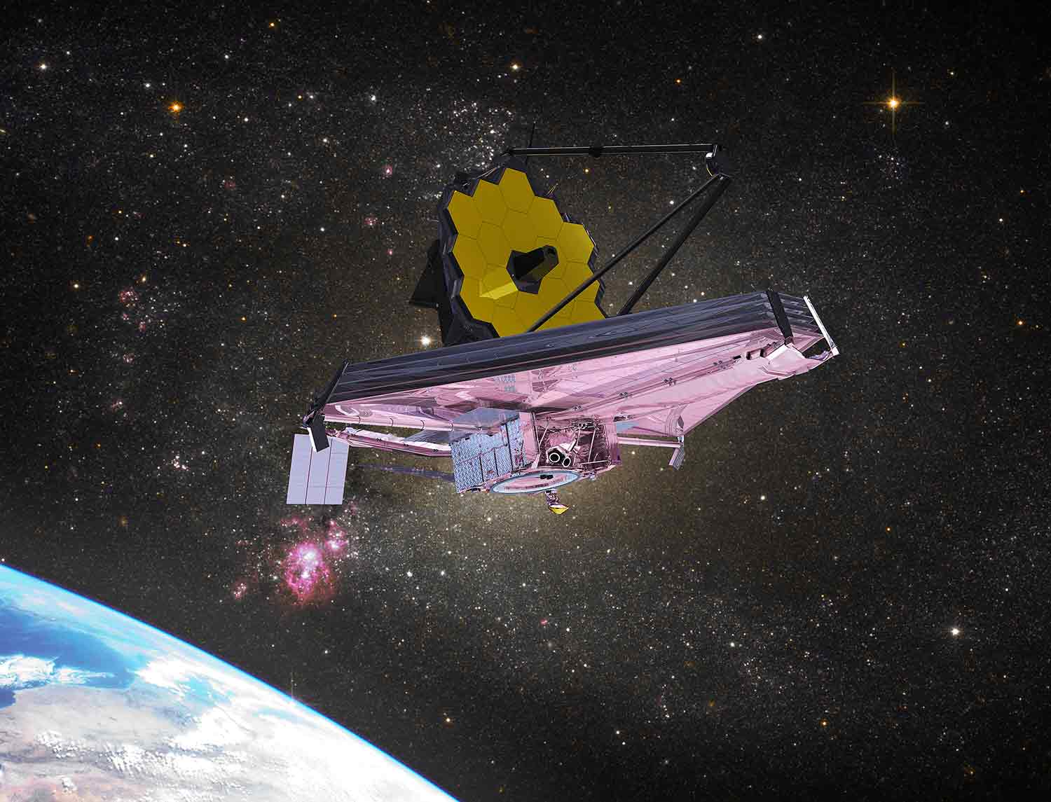 Illustration of James Webb Space Telescope in space with Earth in background