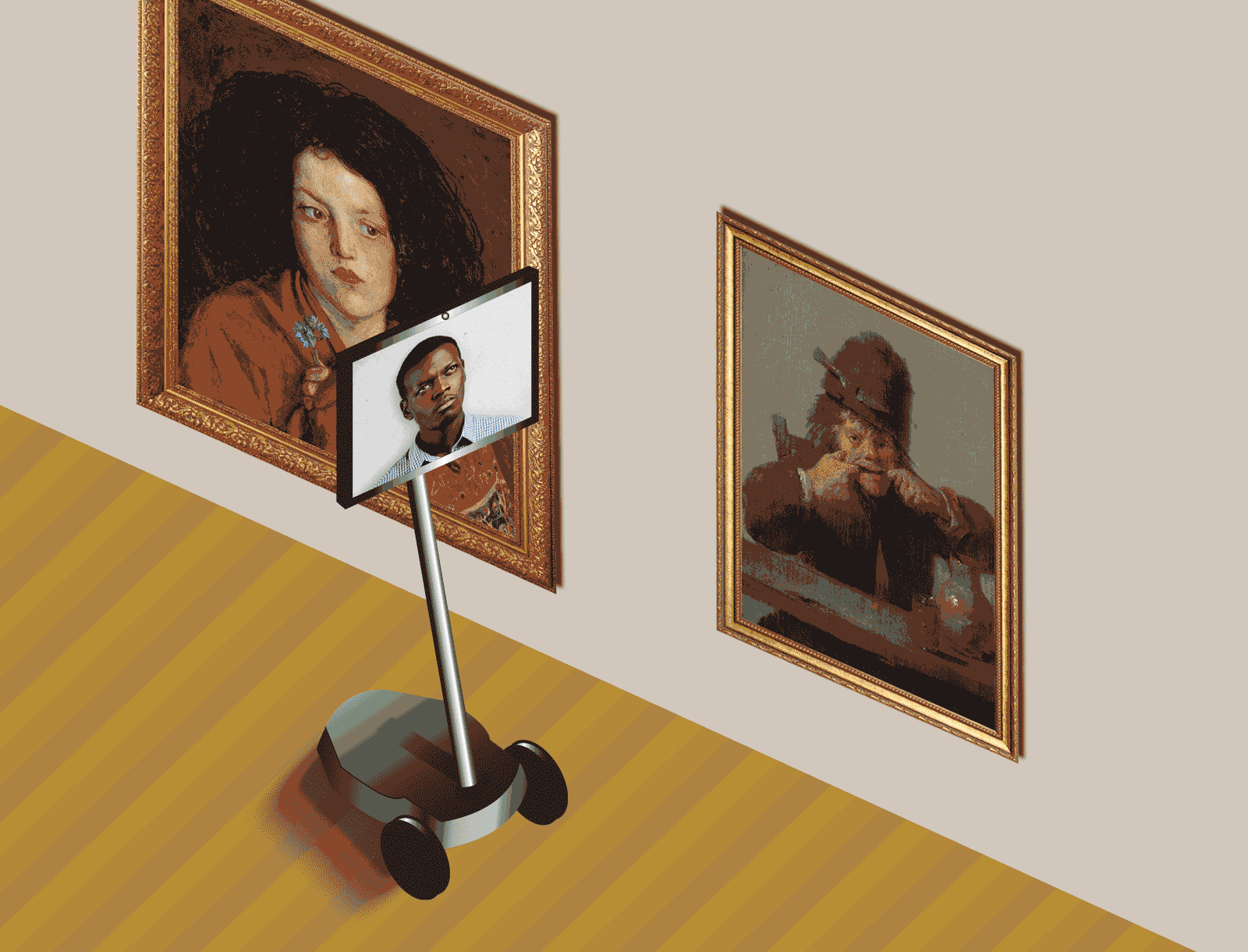 GIF of a robot rolling past paintings in an art gallery with a man’s face changing expressions on the robot screen