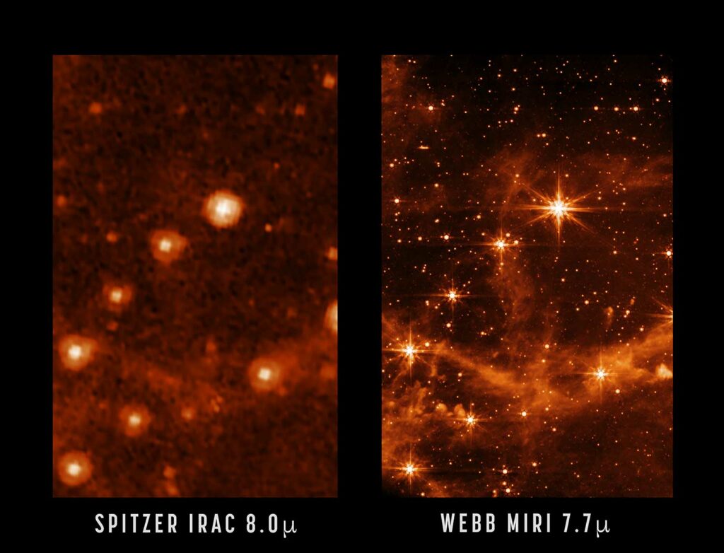 Side by side images of a galaxy labeled Spitzer and Webb, with the stars appearing to be much clearer in the image labeled Webb.