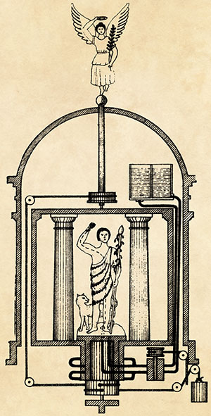 An illustration of a mechanical puppet theater as created by a Greek scientist in the 1st century.