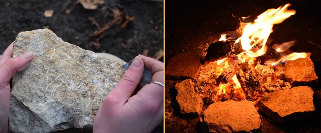 Side by side images showing a hand etching an image of an animal in a stone and stones placed near a fire.