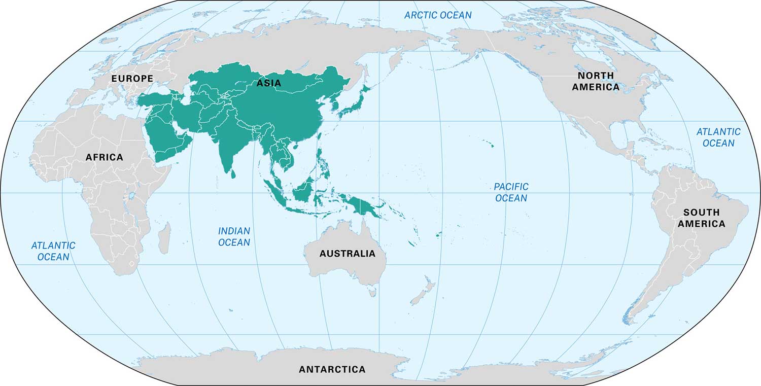 World map with countries and territories of Asia and the Pacific islands shaded in