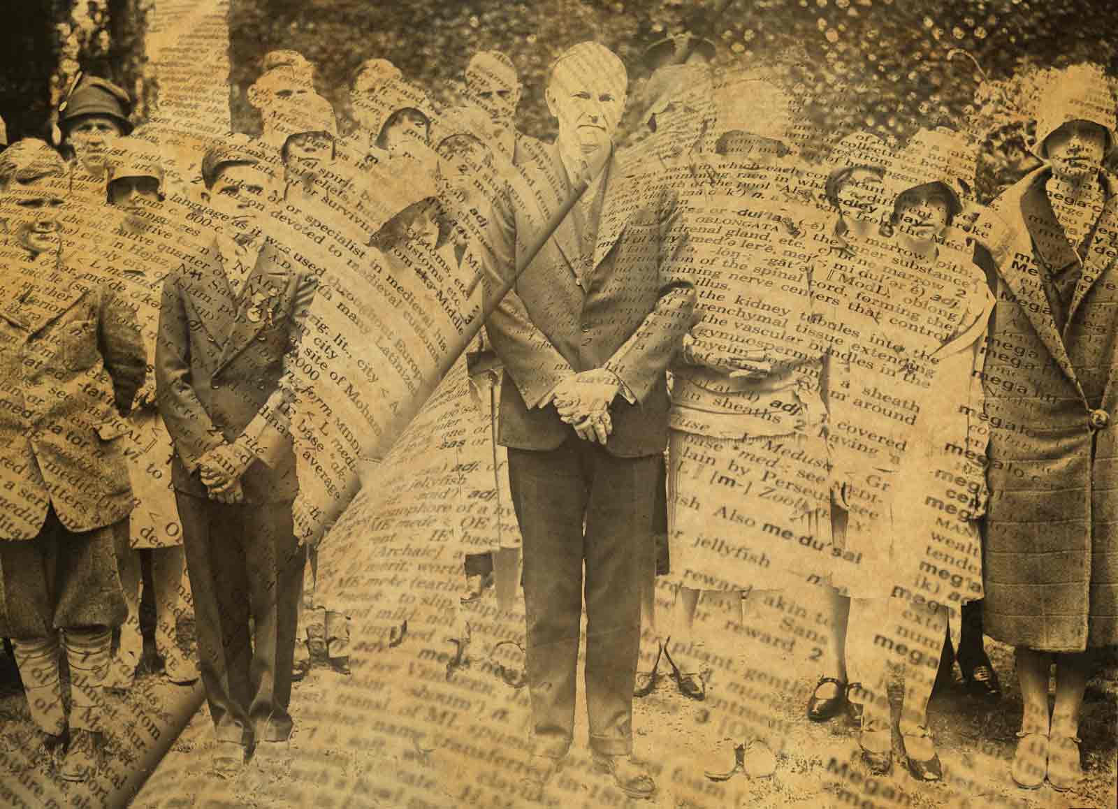 Black and white photo of Calvin Coolidge and some students with overlay of dictionary pages.