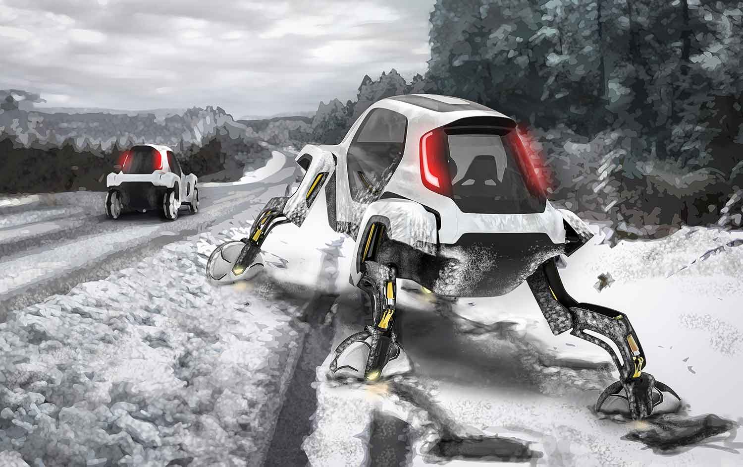 A car uses robotic legs to get over a snowbank onto a road while an identical car drives on that road.