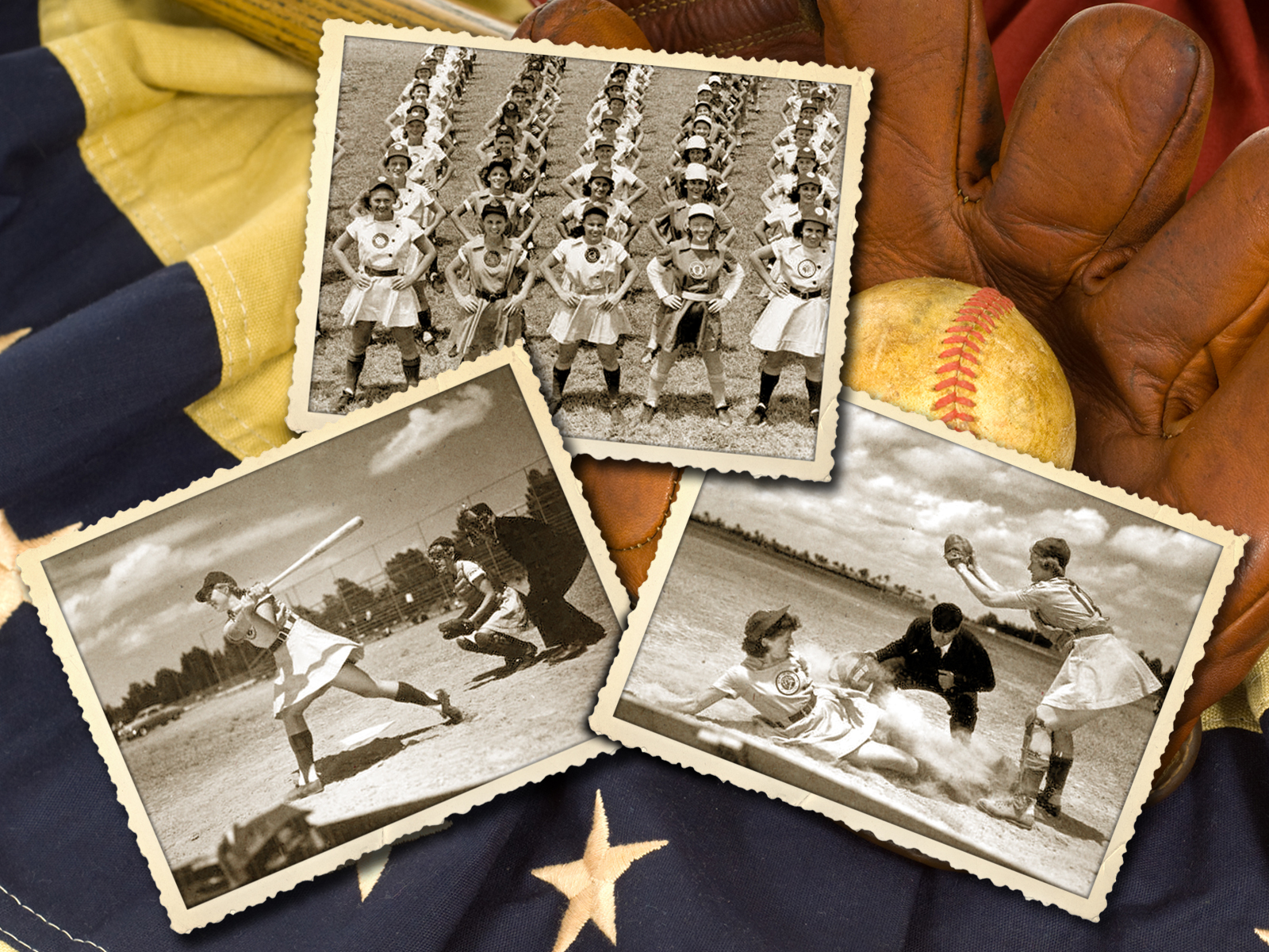 Collage of three black and white photos of members of the All American Girls Baseball League.