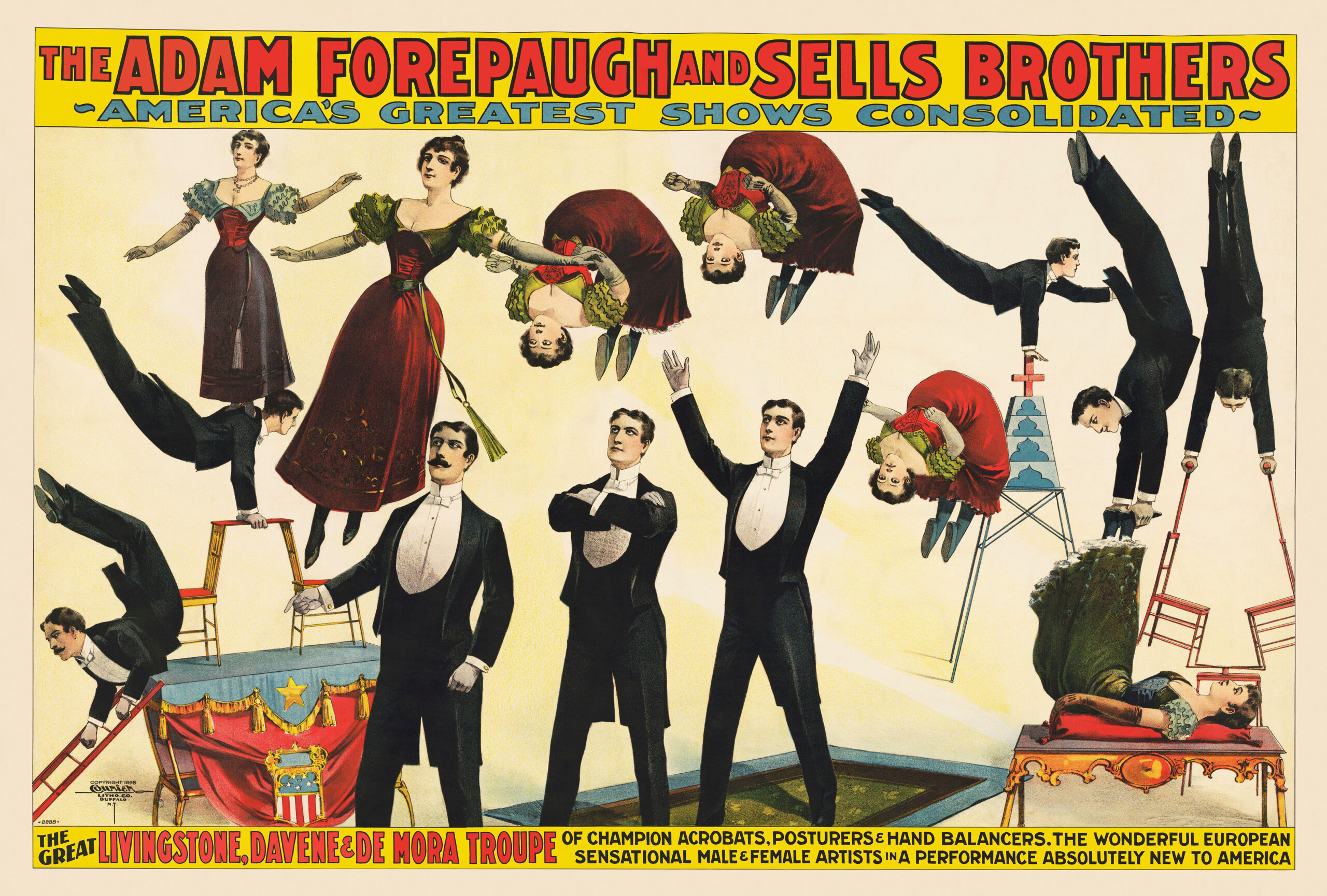 A poster advertising a circus showing male and female performers in 19th century clothing carrying out flips, handstands, and other tricks.