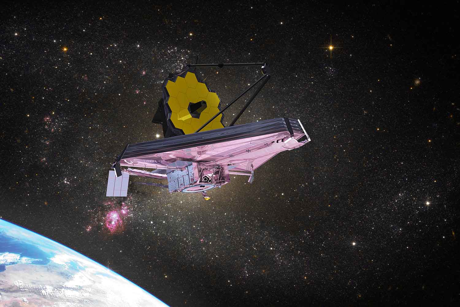 Illustration of the James Webb Space Telescope in orbit above Earth