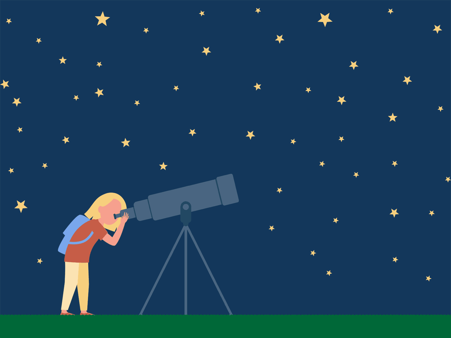 Animated GIF of a girl with a backpack looking through a telescope as a glowing green orb floats in the sky