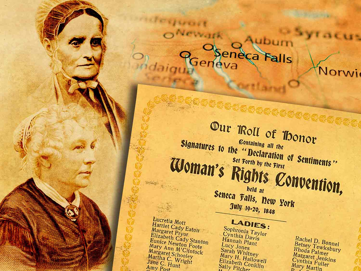 Composite image showing portraits of Stanton and Mott, a map of the Seneca Falls area, and the signatures to the Declaration of Sentiments