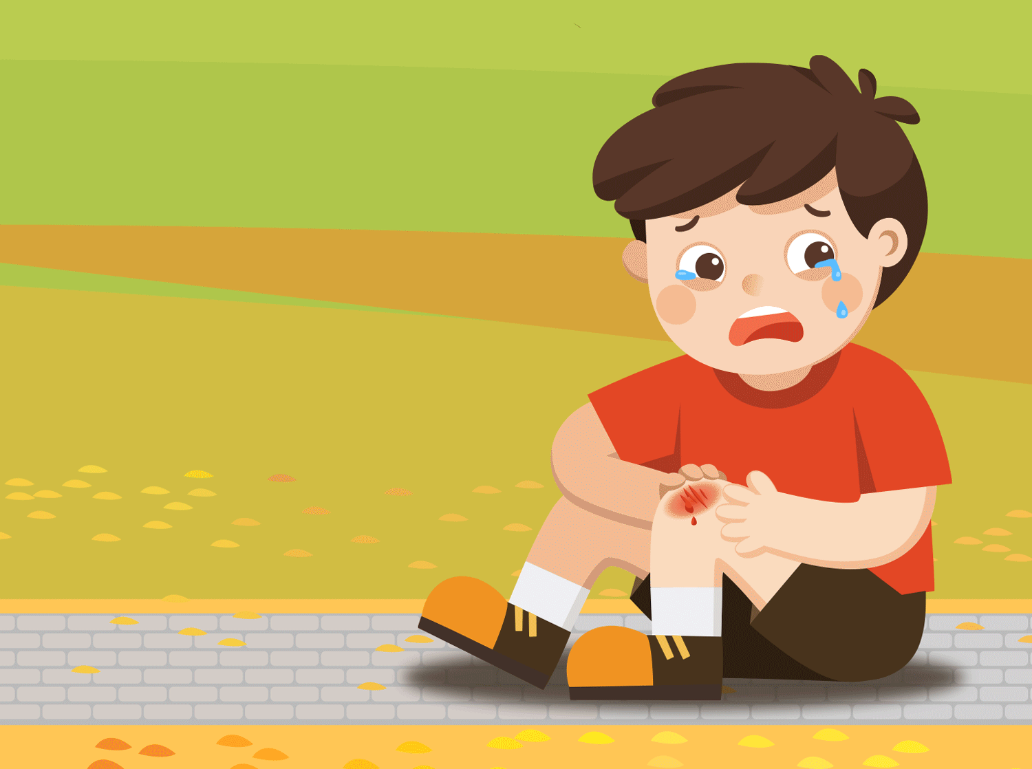 Animation of a spider coming down from its web and offering a bandage to a boy with a scraped knee
