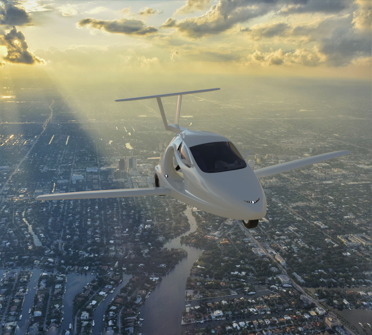 A vehicle with a sloping windshield, wings, and a tail flies over a town.