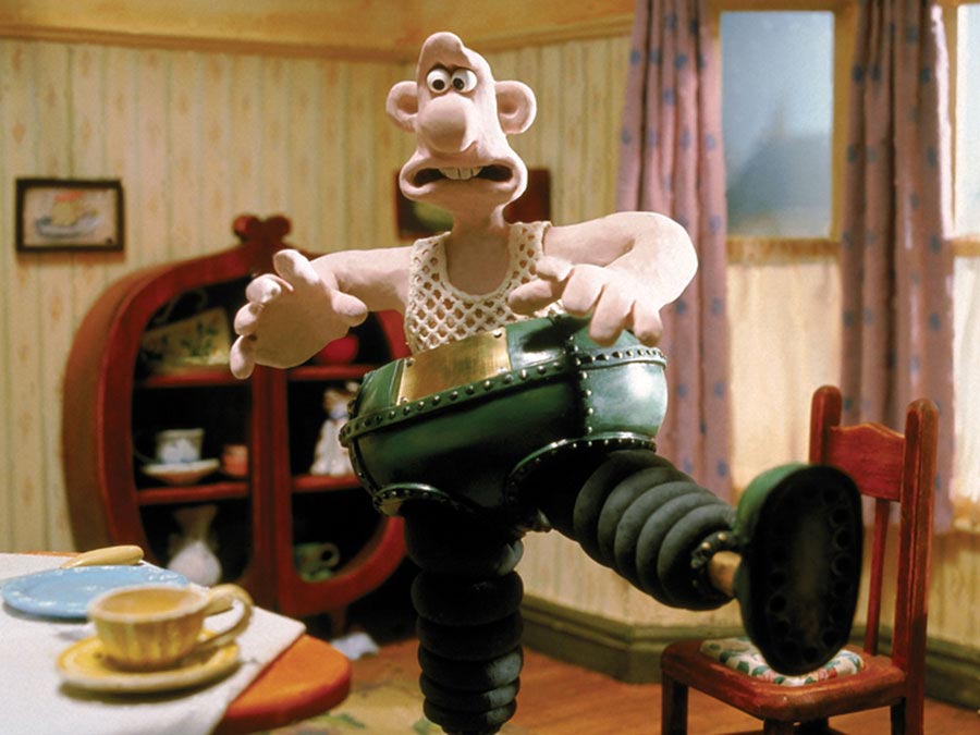A still from an animated film shows a man looking uncomfortable wearing an unusual looking pair of pants.