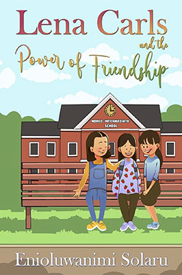 Illustration of three girls sitting on a bench in front of a school and smiling.