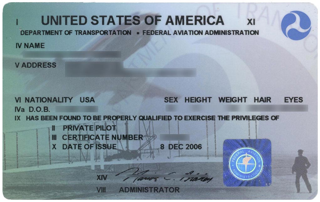 A sample pilot’s license issued by the Federal Aviation Administration.