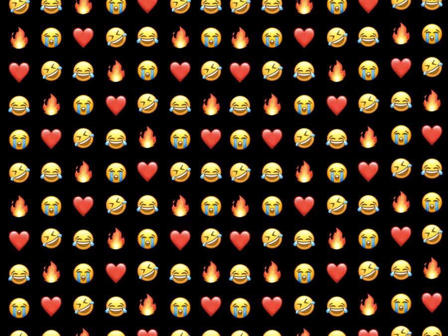 Collage of crying, smiling faces and heart and fire emojis