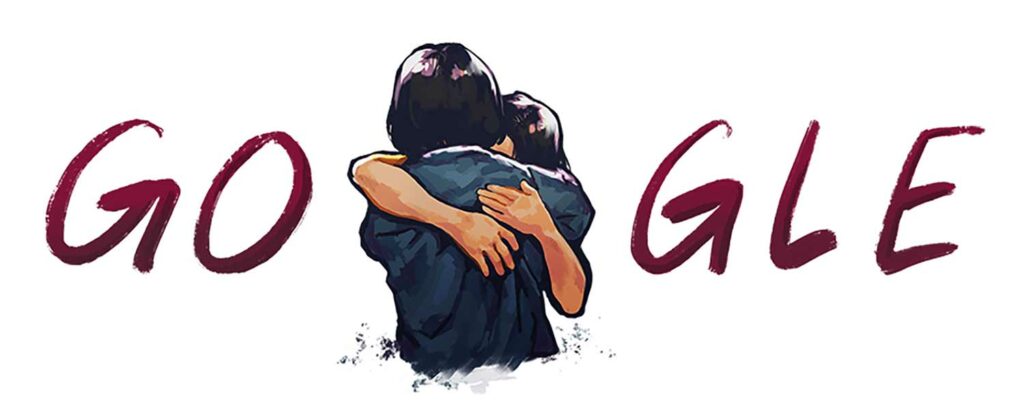 Illustrated Google logo with second O replaced by an illustration of a mother and daughter hugging