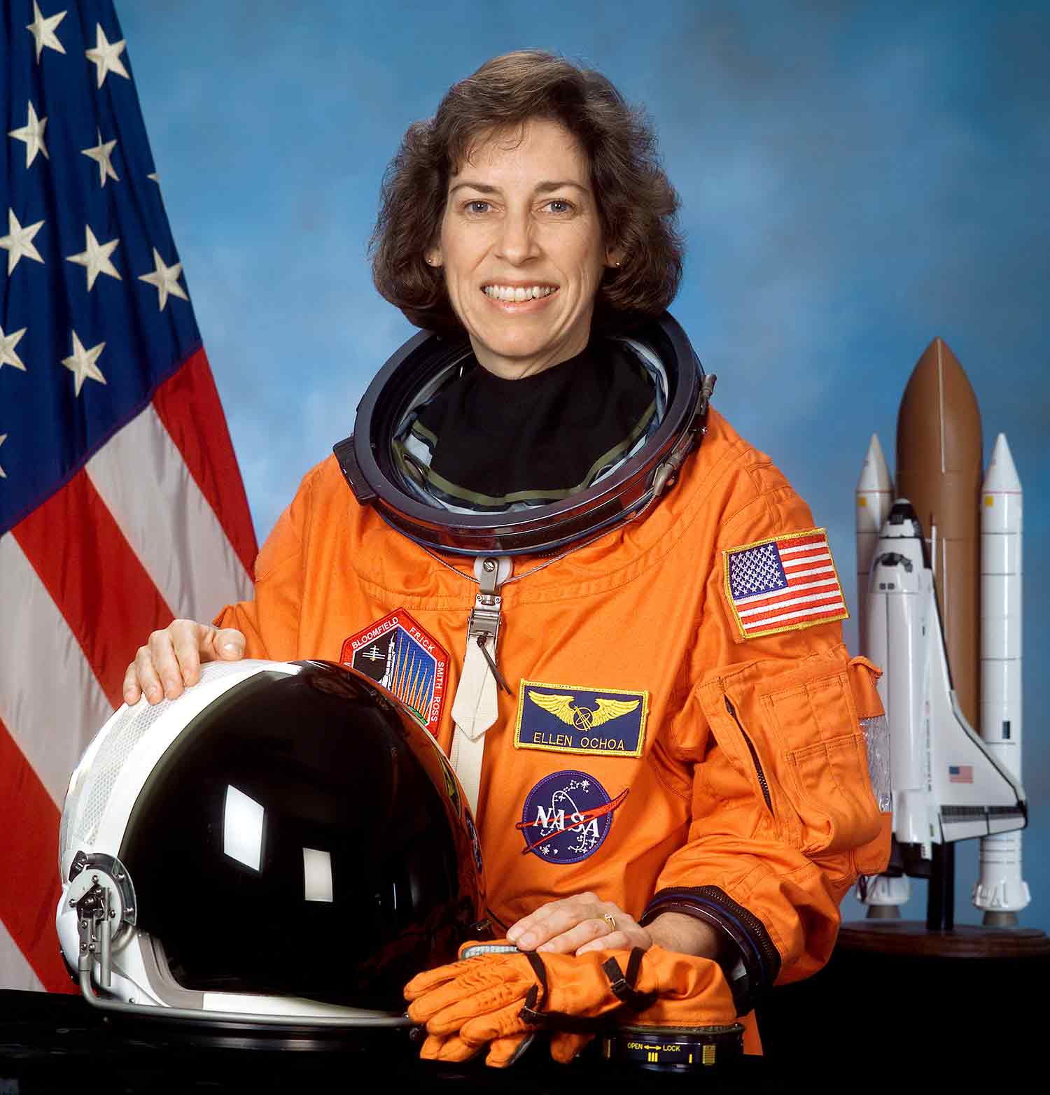 Portrait of Ellen Ochoa in her NASA flight suit
