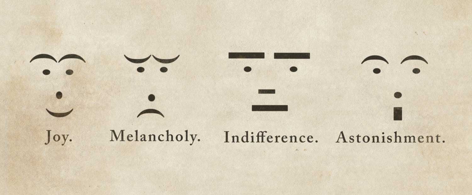 Four very simple emojis labeled joy, melancholy, indifference, and astonishment with a faded background.