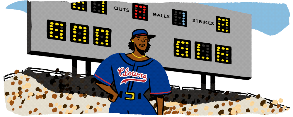 Animation of Toni Stone catching and throwing a ball with a crowd and a scoreboard behind her.