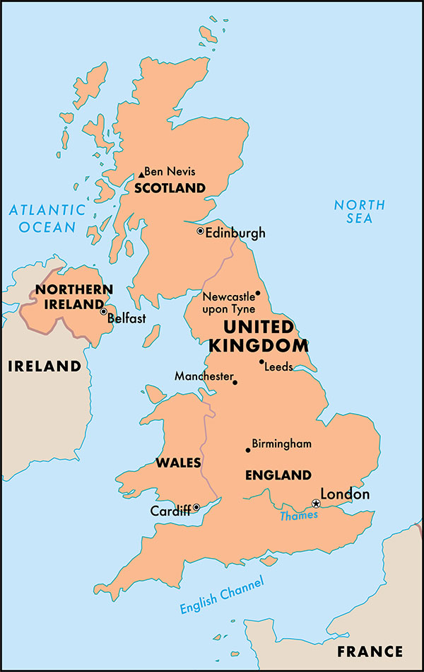 A map showing the UK in relation to Ireland and France, with England, Scotland, Wales, and Northern Ireland labeled.