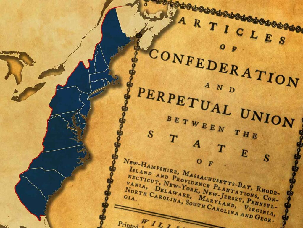 Photo illustration showing the Articles of Confederation overlaid with the first 13 U.S. states