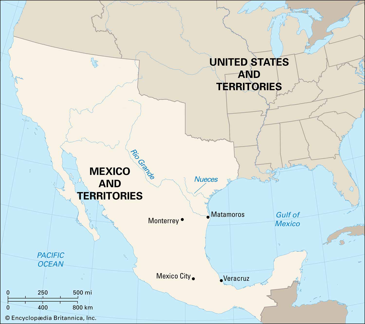 A map labeled Mexico and its territories and the United States and its territories and showing the historical borders