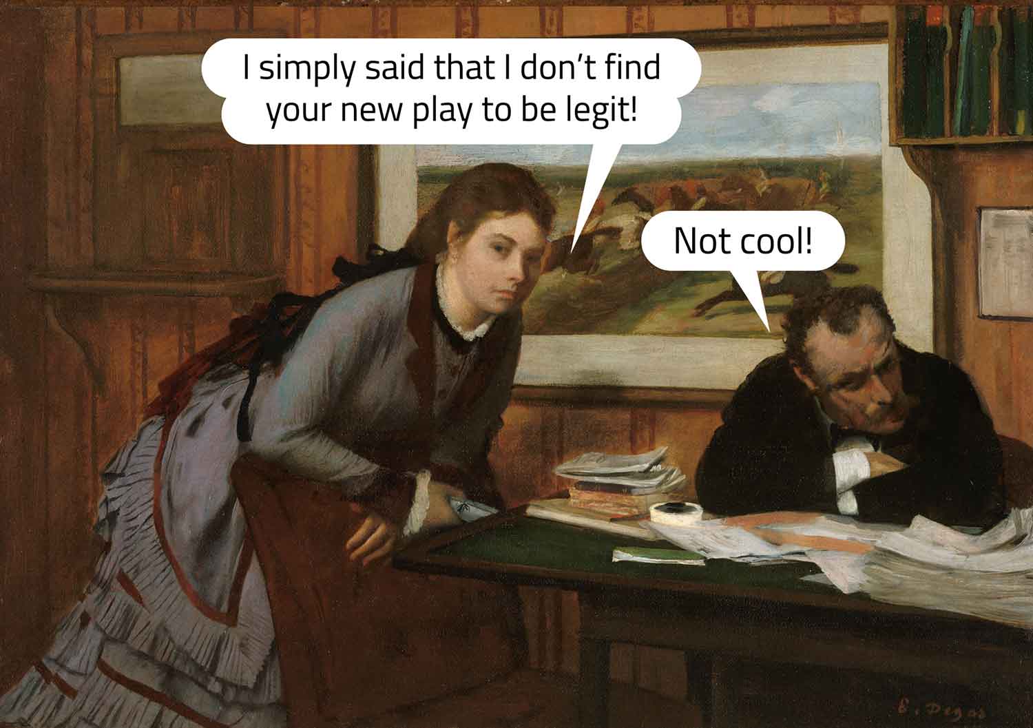A painting shows a 19th century woman leaning on a chair with a talk bubble in which she uses the word “legit.” A man sits at the table and uses the word “cool.”