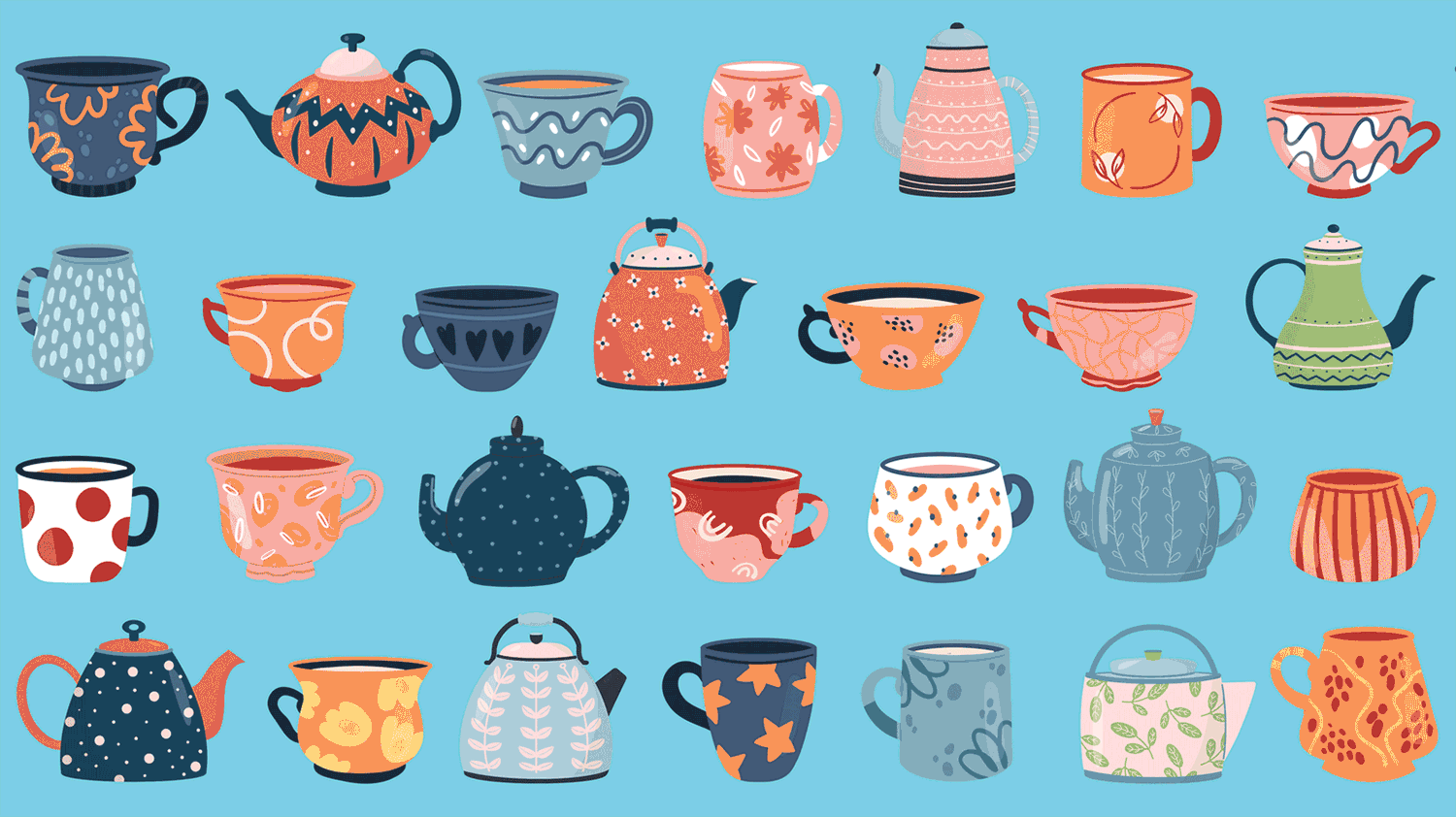 Animation of cartoon tea cups and kettles moving across the screen