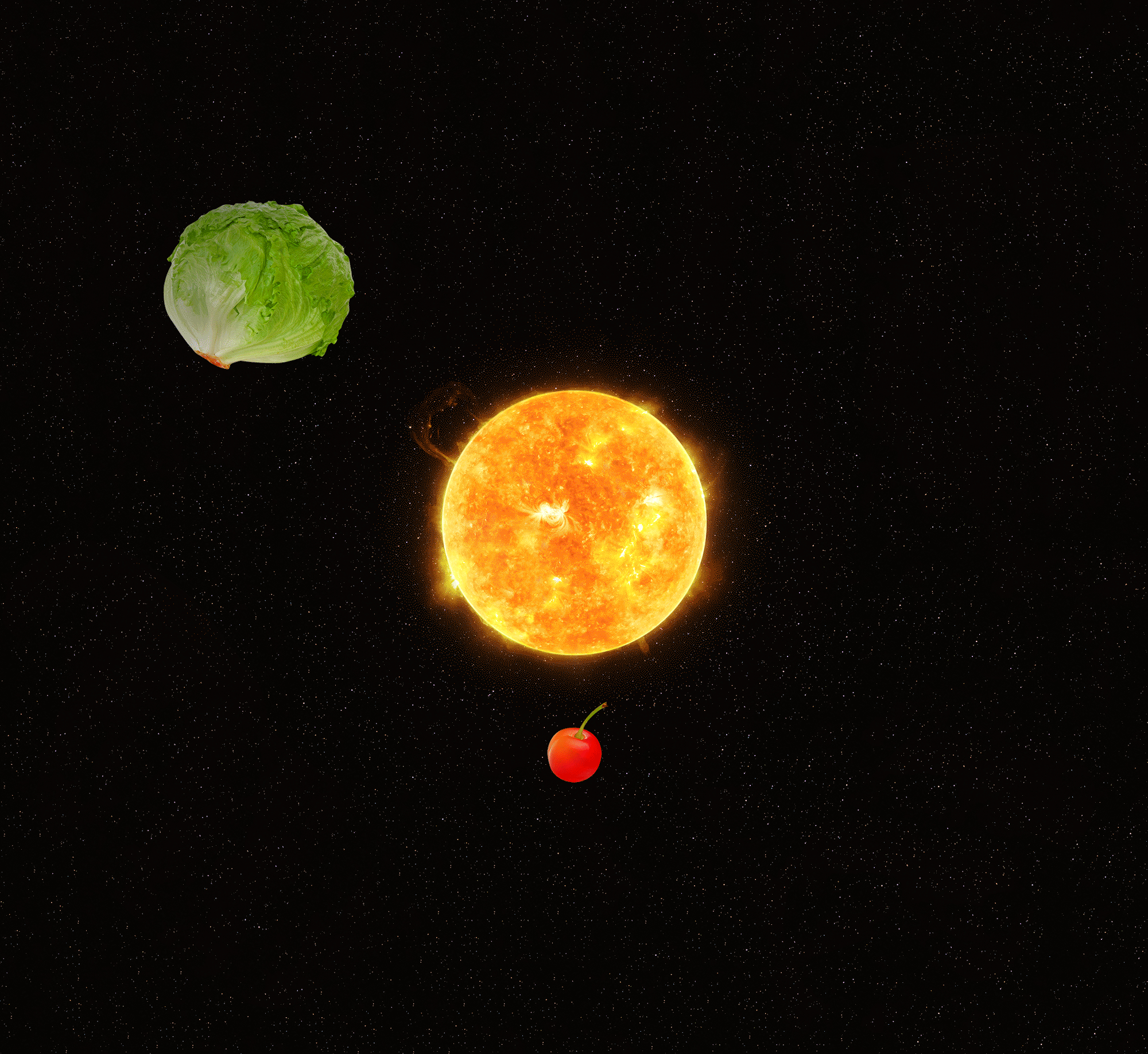 Animation of a head of lettuce and a cherry orbiting the Sun