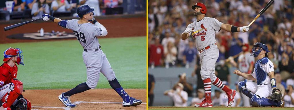 Side-by-side image shows Aaron Judge on the left and Albert Pujols on the right, both looking up just after batting.