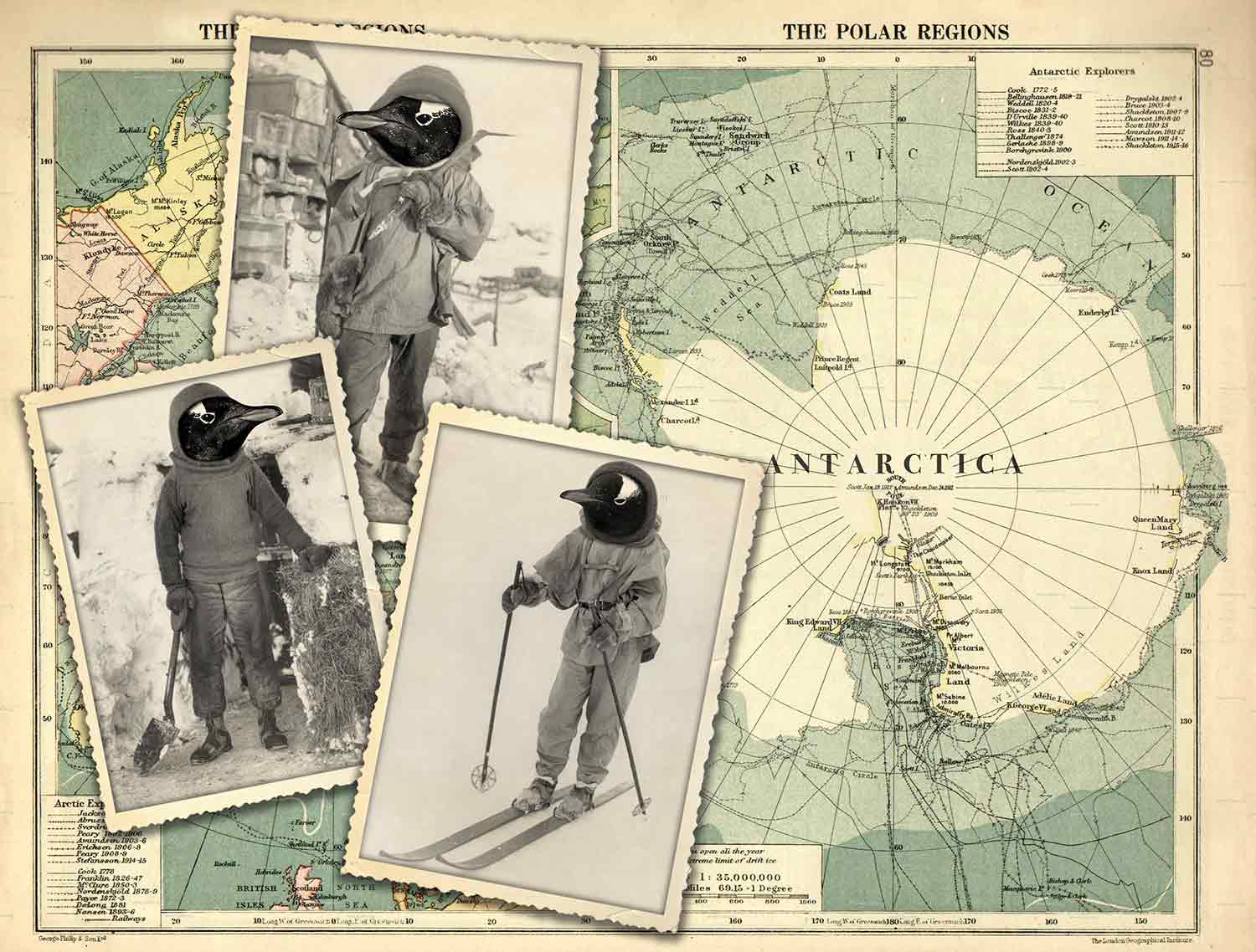 Three black and white photos of Antarctic explorers with penguin heads superimposed and a map of Antarctica in the background.