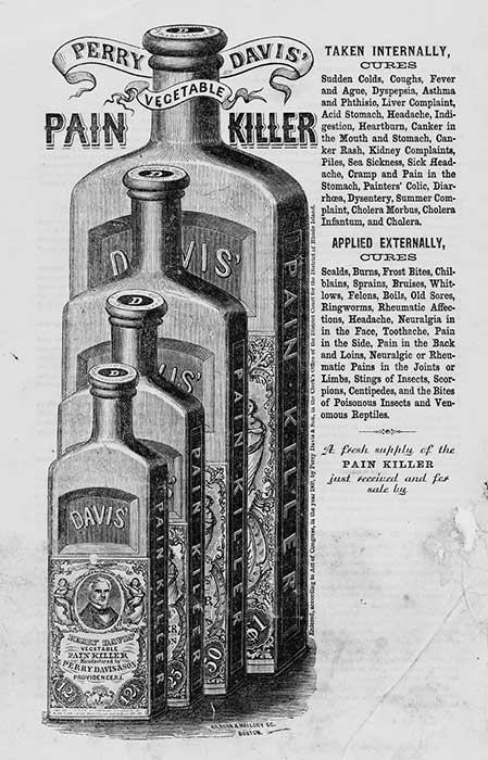 An illustration of four bottles of different sizes placed in front of each other says Perry Davis pain killer and lists ailments it claims to cure.