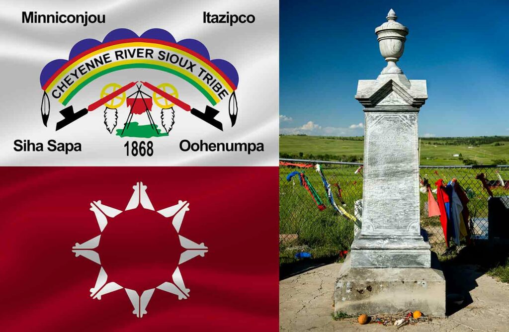 Composite of a monument memorializing Wounded Knee and the flags of two American Indian nations.