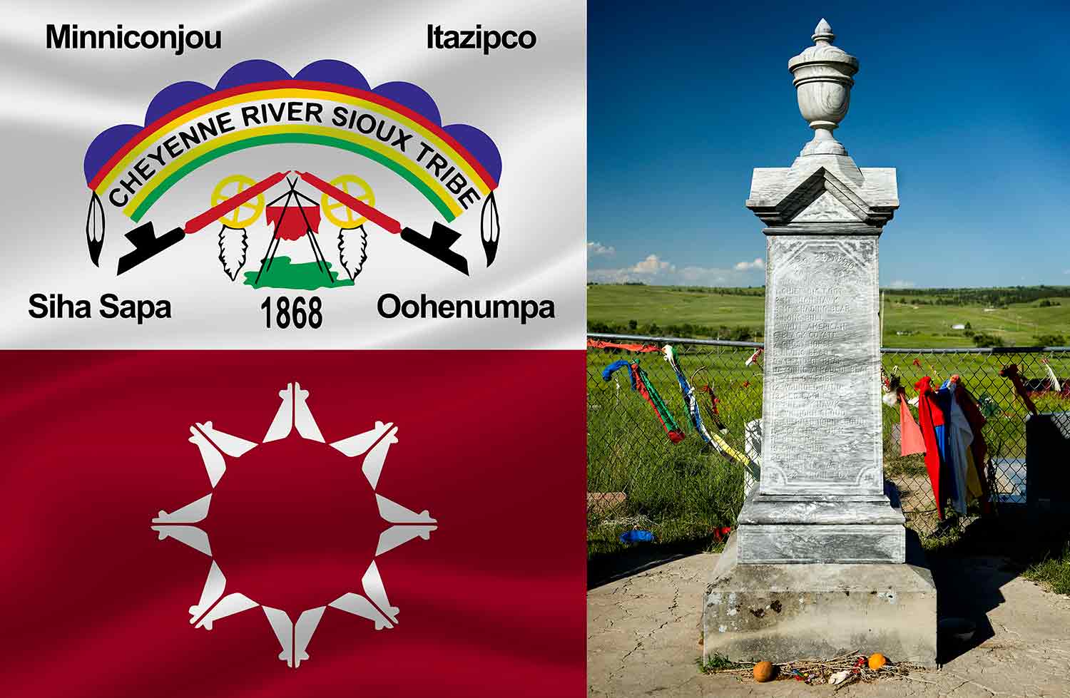 Composite of a monument memorializing Wounded Knee and the flags of two American Indian nations.