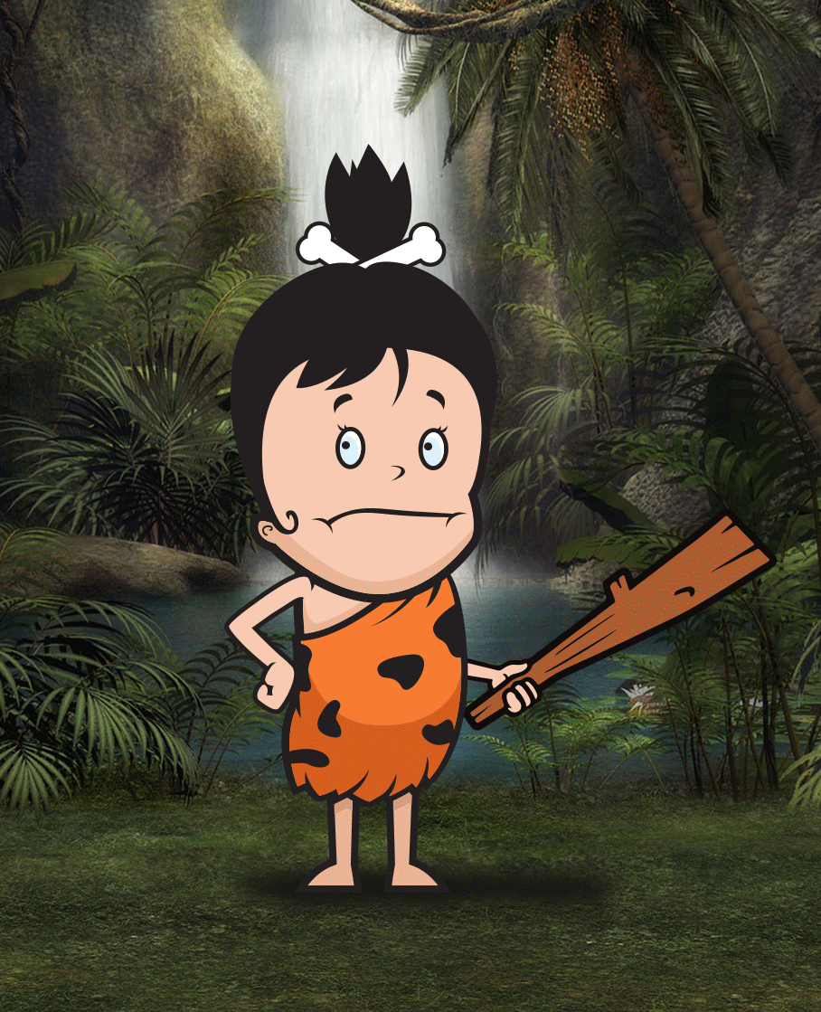 Animation of a girl in a loincloth holding a stick and looking disappointed with trees in the background