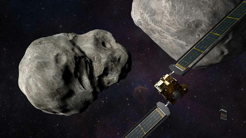Illustration of two asteroids with a spacecraft headed toward one of them.