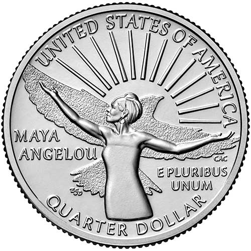 U.S. quarter featuring Maya Angelou with her arms outstretched and in front of a bird and a rising sun