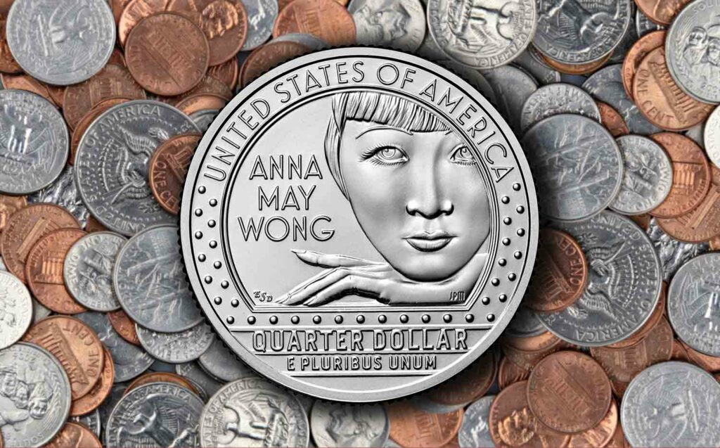 Quarter with Anna May Wong’s face against a backdrop of other U.S. coins.