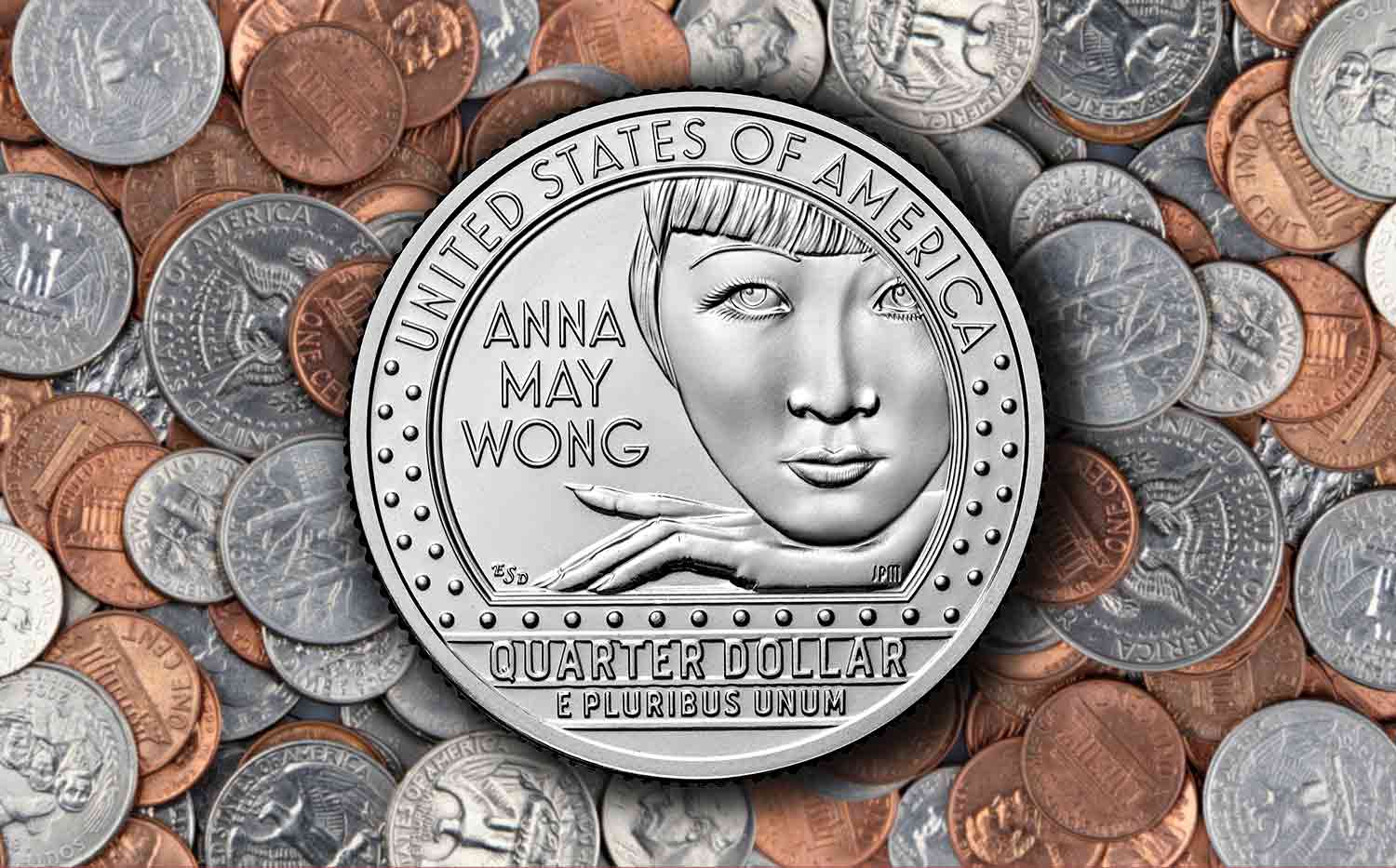 Quarter with Anna May Wong’s face against a backdrop of other U.S. coins.