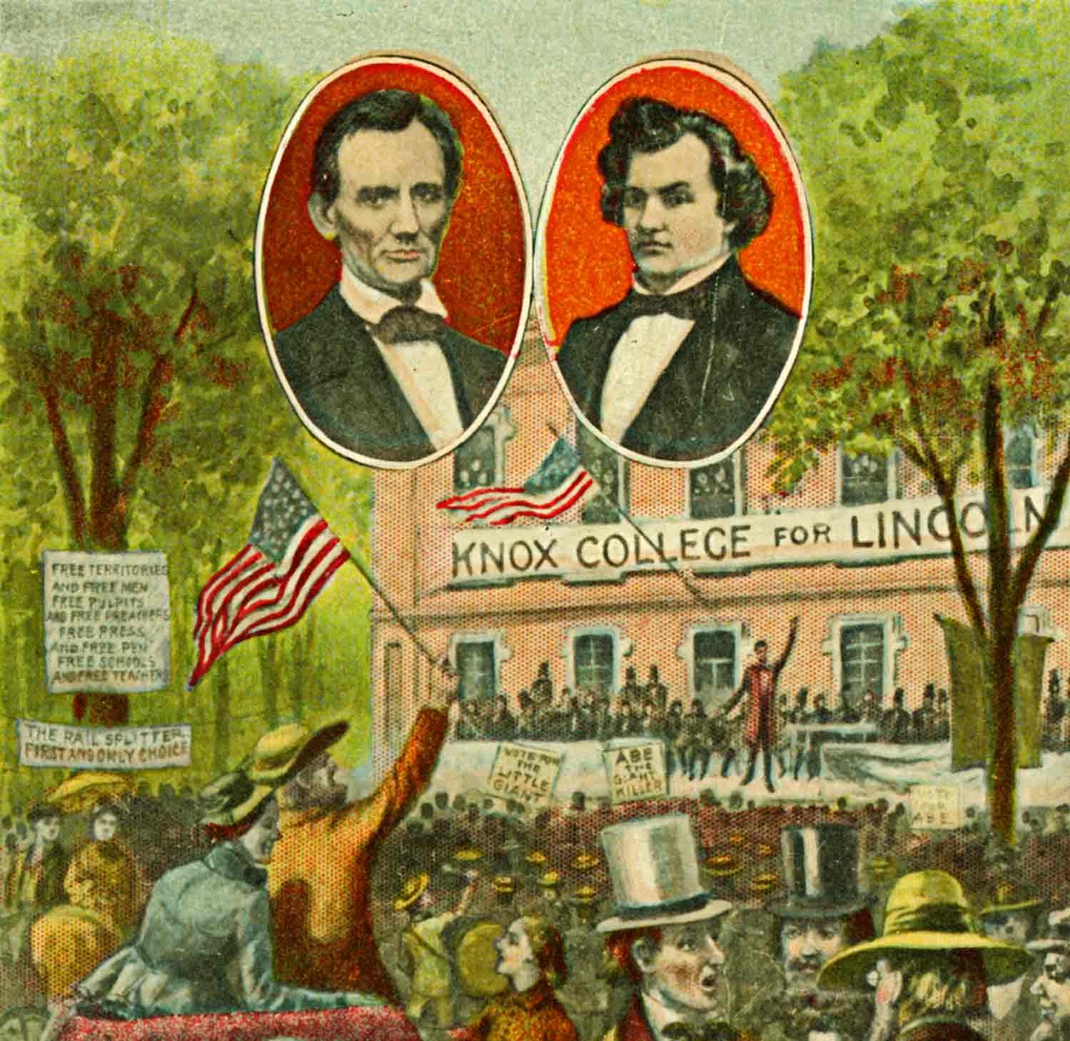 Illustration showing Abraham Lincoln standing on a stage before a crowd and in front of a banner that reads Knox College for Lincoln. Lincoln and Douglas portraits are also featured.