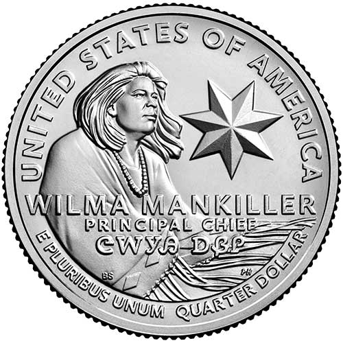 U.S. quarter featuring Wilma Mankiller in profile wrapped in a shawl and next to the star of the Cherokee Nation