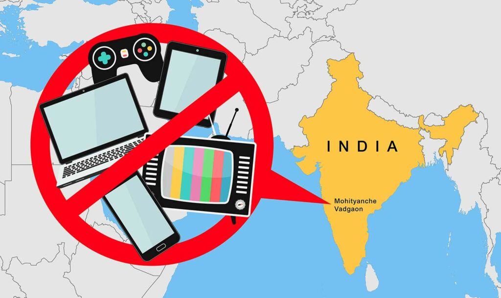 A symbol with screened devices crossed out points to Mohityanche Vadgaon on a map of India.